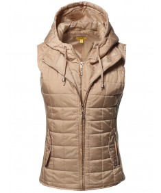 Women's Casual Solid Detachable Hoodie Double Zipper Quilted Padding Vest