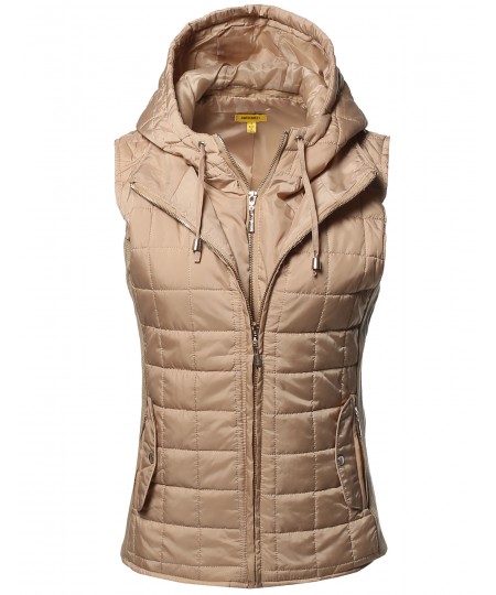 Women's Casual Solid Detachable Hoodie Double Zipper Quilted Padding Vest
