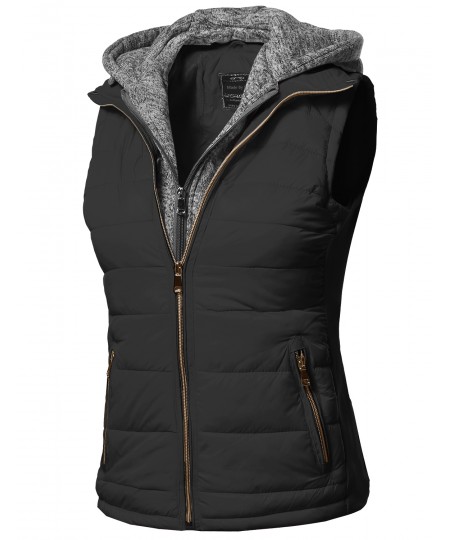 Women's Casual Solid Double Zipper Detachable Hoodie Padding Vest