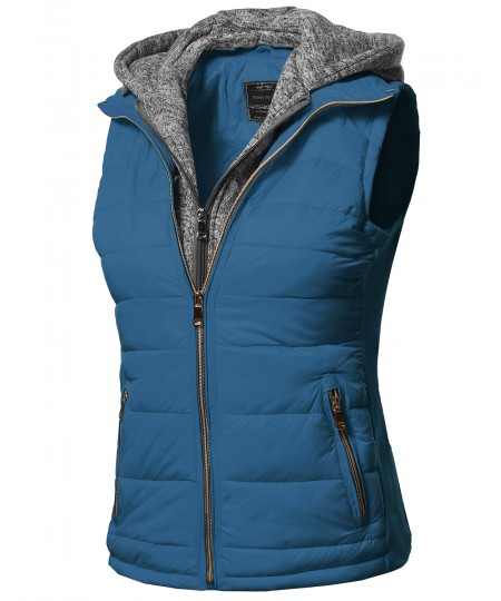 Women's Casual Solid Double Zipper Detachable Hoodie Padding Vest