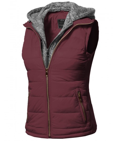 Women's Casual Solid Double Zipper Detachable Hoodie Padding Vest