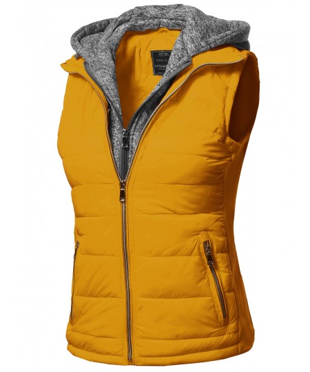 Women's Casual Solid Double Zipper Detachable Hoodie Padding Vest