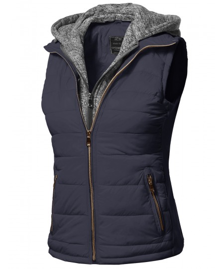 Women's Casual Solid Double Zipper Detachable Hoodie Padding Vest