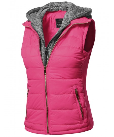 Women's Casual Solid Double Zipper Detachable Hoodie Padding Vest