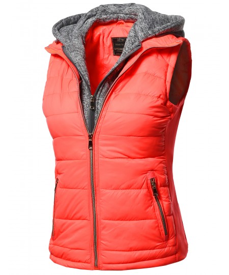 Women's Casual Solid Double Zipper Detachable Hoodie Padding Vest