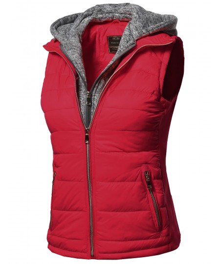 Women's Casual Solid Double Zipper Detachable Hoodie Padding Vest