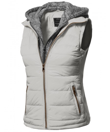 Women's Casual Solid Double Zipper Detachable Hoodie Padding Vest