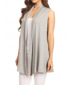 Women's Solid Open Front Draped Neck Sleeveless Vest Cardigan - Made in USA