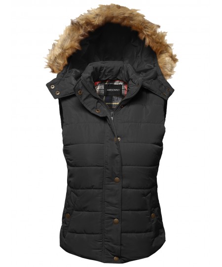 Women's Casual Cute Detachable Fur Hood Padded Vest