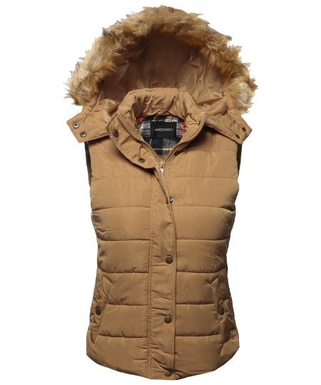 Women's Casual Cute Detachable Fur Hood Padded Vest