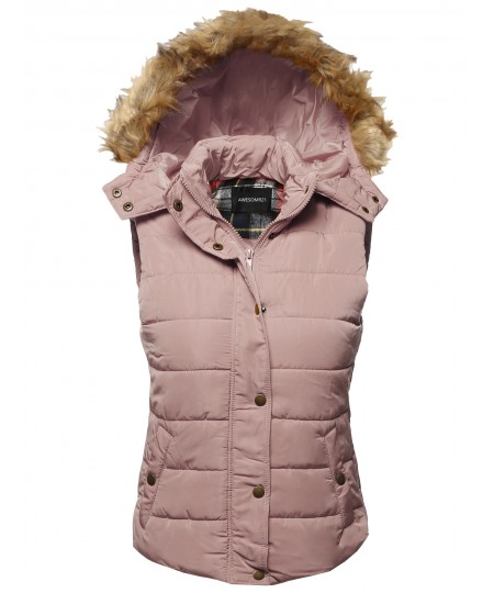 Women's Casual Cute Detachable Fur Hood Padded Vest