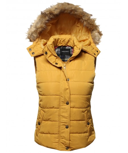 Women's Casual Cute Detachable Fur Hood Padded Vest