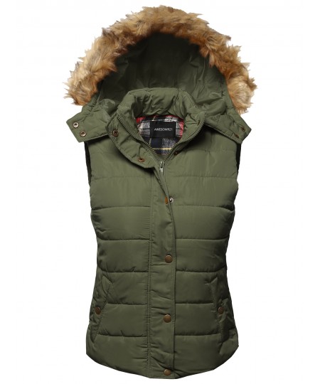 Women's Casual Cute Detachable Fur Hood Padded Vest