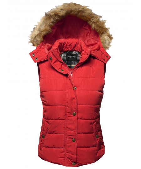 Women's Casual Cute Detachable Fur Hood Padded Vest