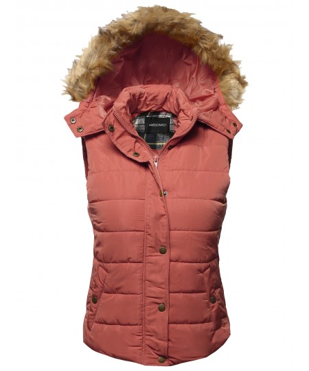 Women's Casual Cute Detachable Fur Hood Padded Vest