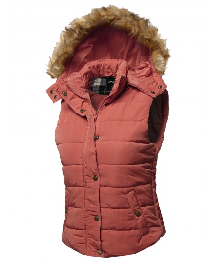 Women's Casual Cute Detachable Fur Hood Padded Vest