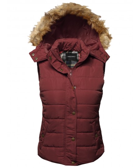 Women's Casual Cute Detachable Fur Hood Padded Vest