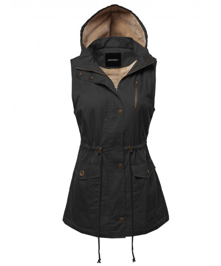 Women's Solid Sleeveless Anorak Drawstring Vest