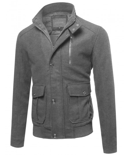 Men's Classic Long Sleeves Button & Zipper Closure Wool Blend Coat