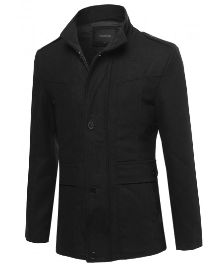 Men's Classic Zipper & Button Closure Shoulder Boards Wool Blend Coat