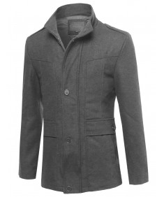 Men's Classic Zipper & Button Closure Shoulder Boards Wool Blend Coat