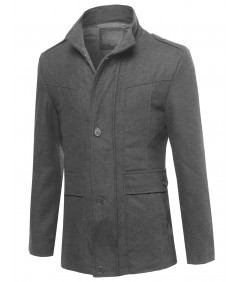 Men's Classic Zipper & Button Closure Shoulder Boards Wool Blend Coat