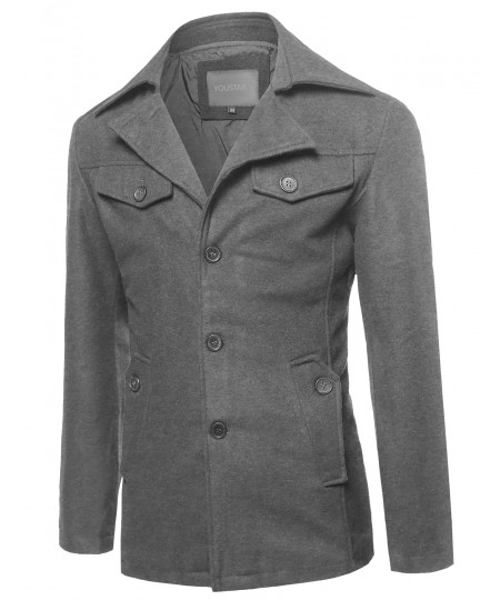 Men's Classic Long Sleeves Button Closure Front & Pockets Wool Blend Coat
