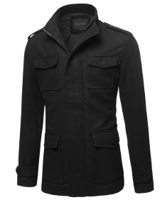 Men's Classic Long Sleeves Zipper & Button Closure Wool Blend Coat