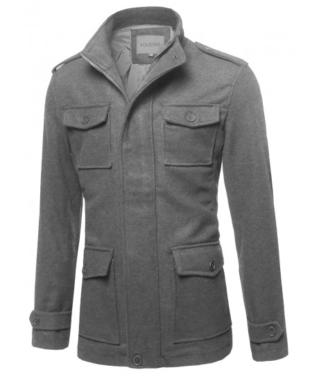 Men's Classic Long Sleeves Zipper & Button Closure Wool Blend Coat