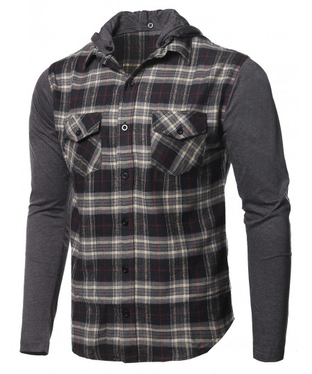 Men's Plaid Checkered Detachable Hoodie Color Contrast Flanel Shirt