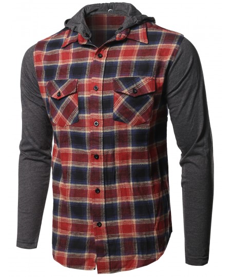 Men's Plaid Checkered Detachable Hoodie Color Contrast Flanel Shirt