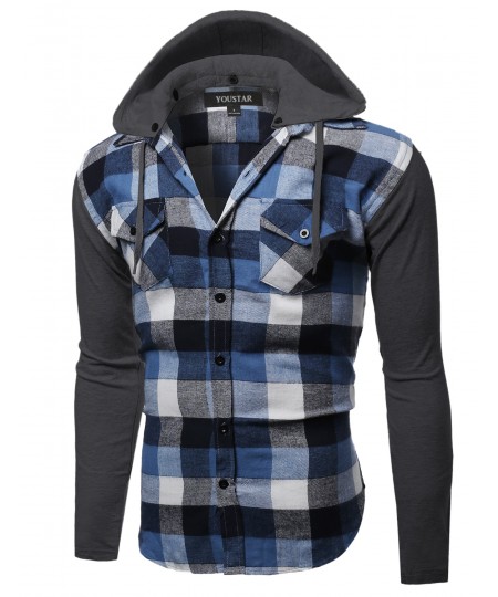 Men's Plaid Checkered Detachable Hoodie Color Contrast Flanel Shirt