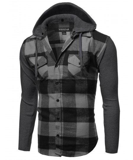 Men's Plaid Checkered Detachable Hoodie Color Contrast Flanel Shirt