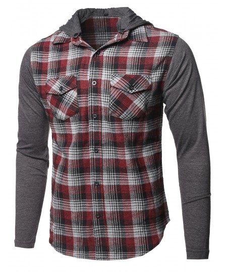 Men's Plaid Checkered Detachable Hoodie Color Contrast Flanel Shirt