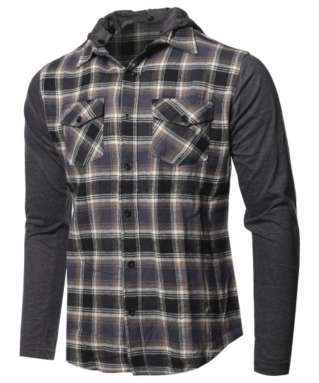 Men's Plaid Checkered Detachable Hoodie Color Contrast Flanel Shirt