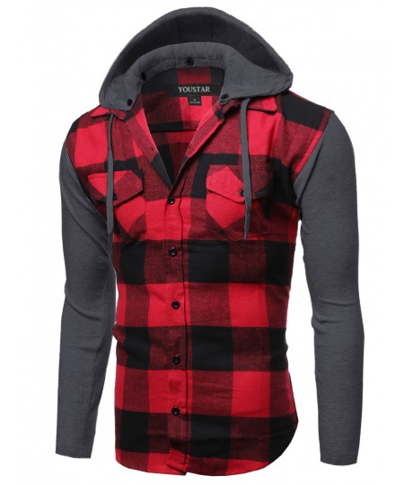 Men's Plaid Checkered Detachable Hoodie Color Contrast Flanel Shirt