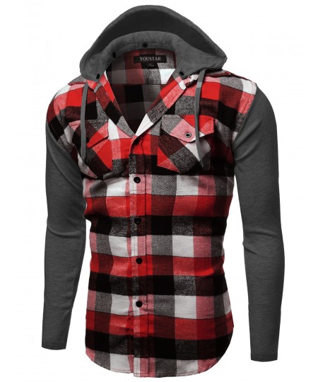 Men's Plaid Checkered Detachable Hoodie Color Contrast Flanel Shirt