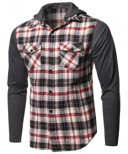 Men's Plaid Checkered Detachable Hoodie Color Contrast Flanel Shirt