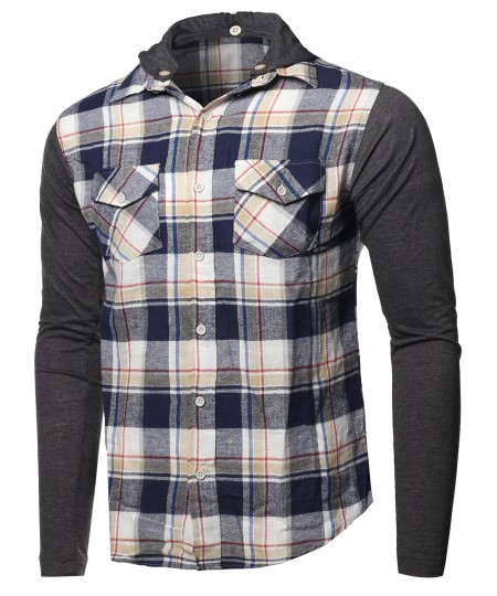 Men's Plaid Checkered Detachable Hoodie Color Contrast Flanel Shirt