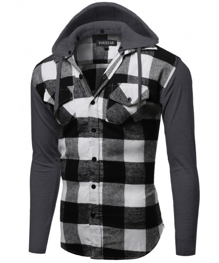 Men's Plaid Checkered Detachable Hoodie Color Contrast Flanel Shirt