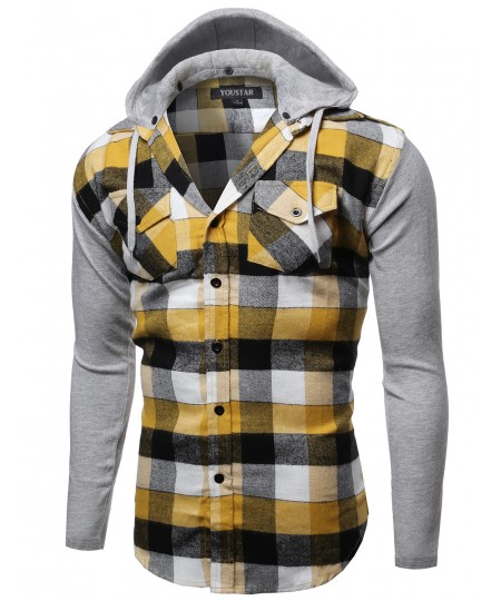 Men's Plaid Checkered Detachable Hoodie Color Contrast Flanel Shirt