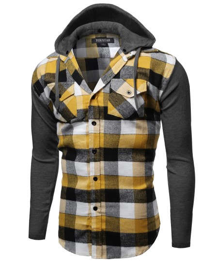 Men's Plaid Checkered Detachable Hoodie Color Contrast Flanel Shirt