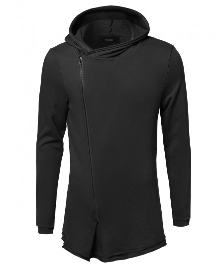Men's Casual Longline Asymmetrical Zip Up Cotton Hooded Jacket