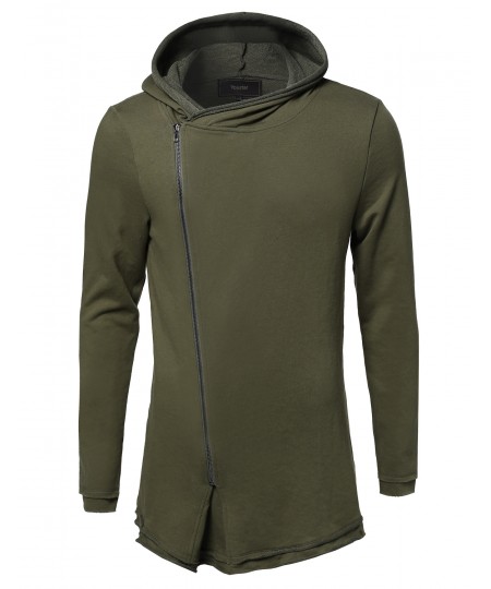 Men's Casual Longline Asymmetrical Zip Up Cotton Hooded Jacket