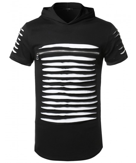 Men's Cut Out Design Front Zipper Short Sleeves Top Hoodie