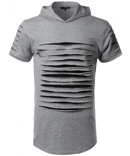 Men's Cut Out Design Front Zipper Short Sleeves Top Hoodie