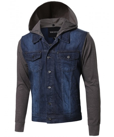 Men's Nicely Stone Washed Denim Contrast Detachable Hooded Jacket