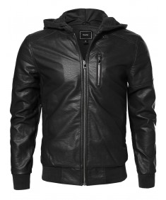 Men's Leather Bomber Jacket With Detachable Hood