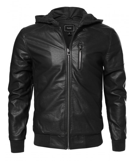 Men's Leather Bomber Jacket With Detachable Hood