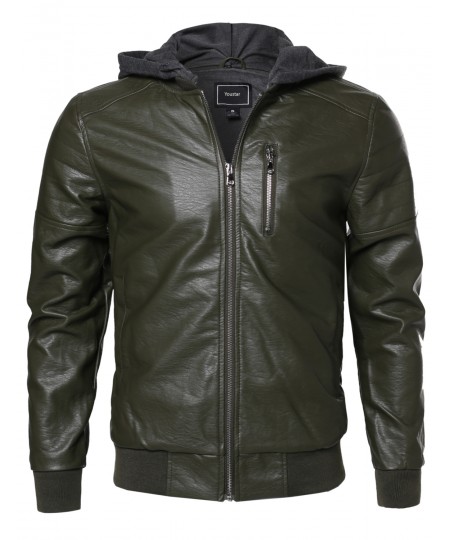 Men's Leather Bomber Jacket With Detachable Hood